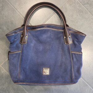 Vintage Dooney & Bourke Handbag, Heavy Blue Suede, Brown Leather Straps & Trim